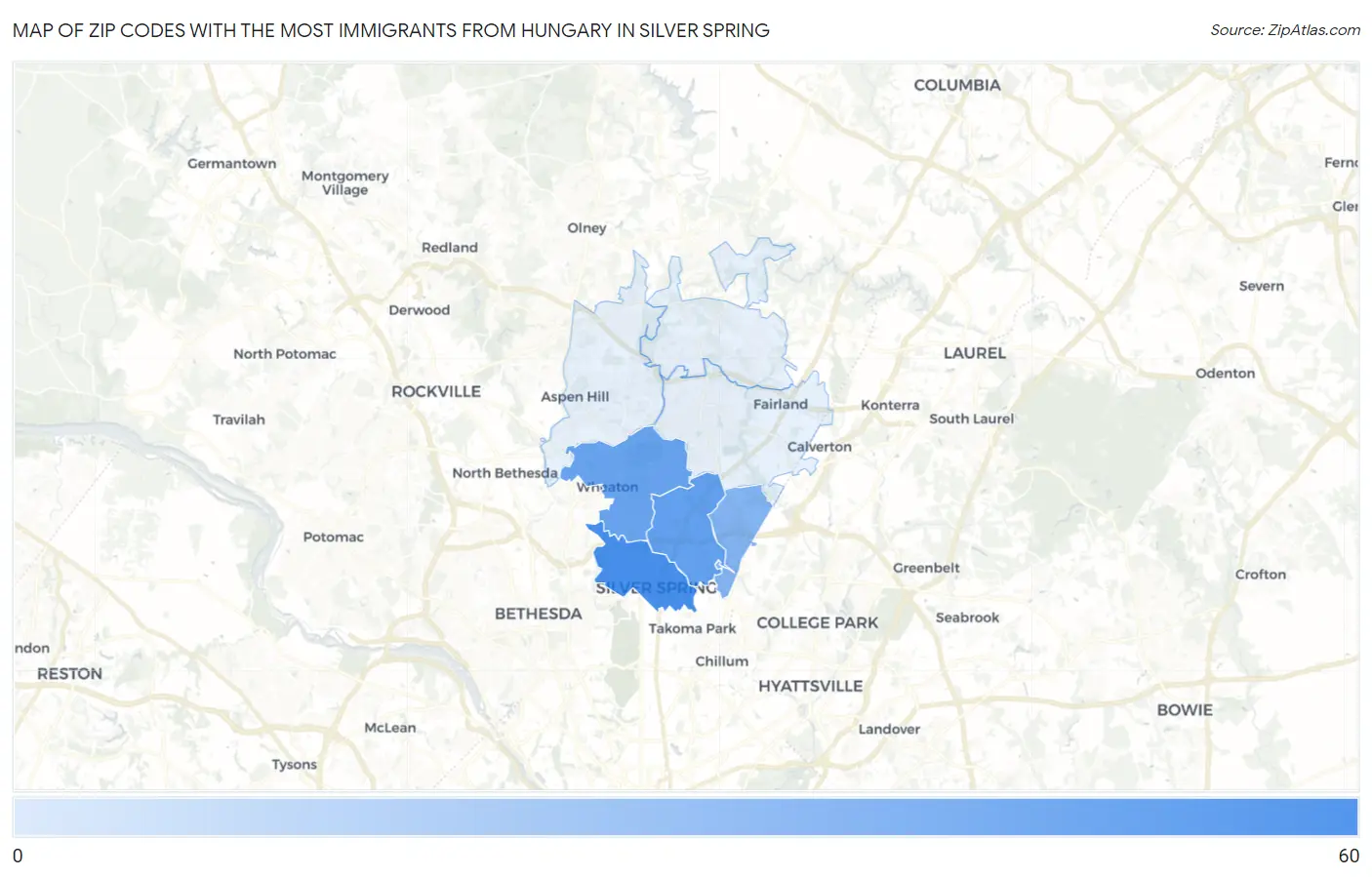 Zip Codes with the Most Immigrants from Hungary in Silver Spring Map