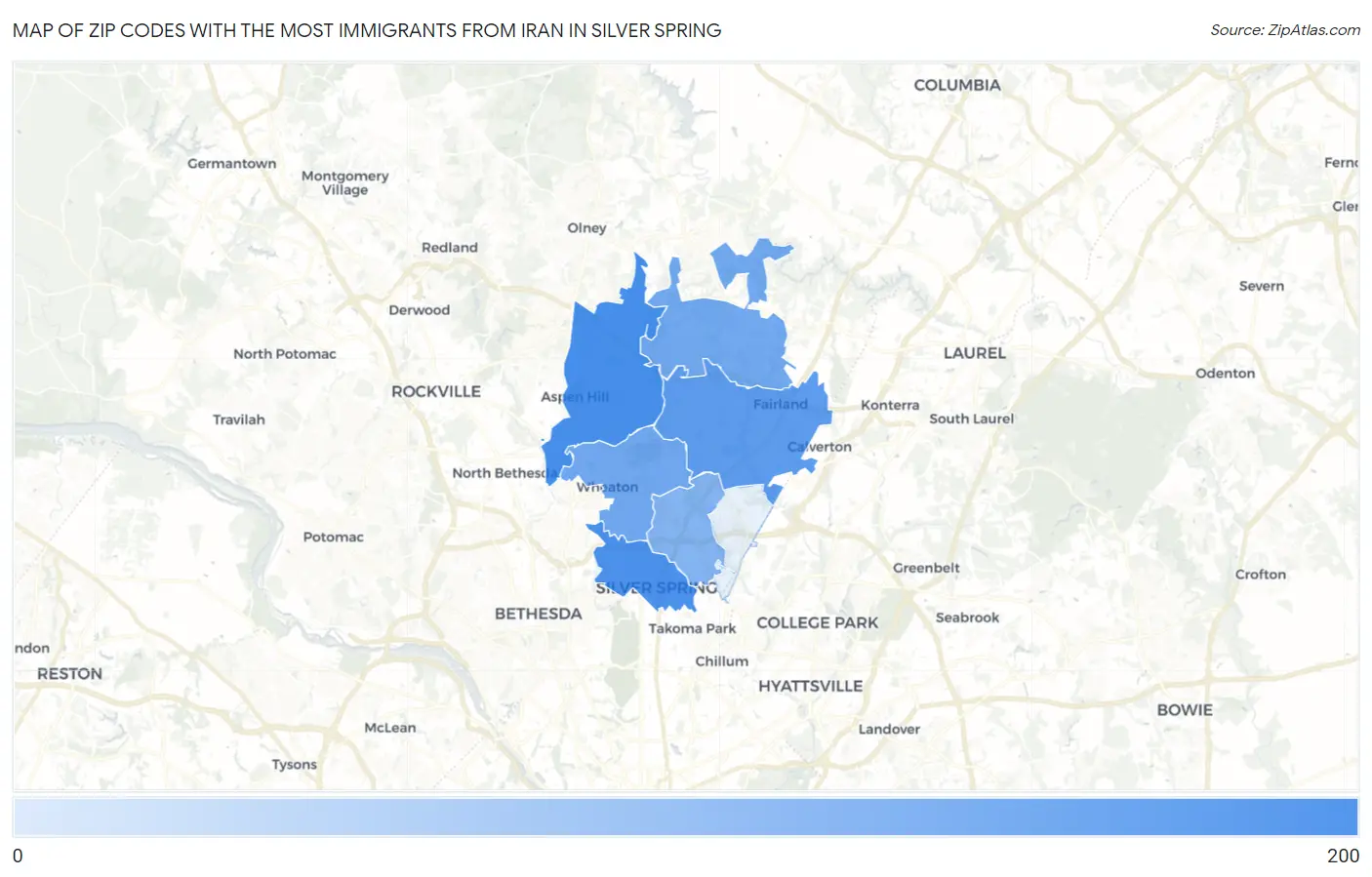 Zip Codes with the Most Immigrants from Iran in Silver Spring Map
