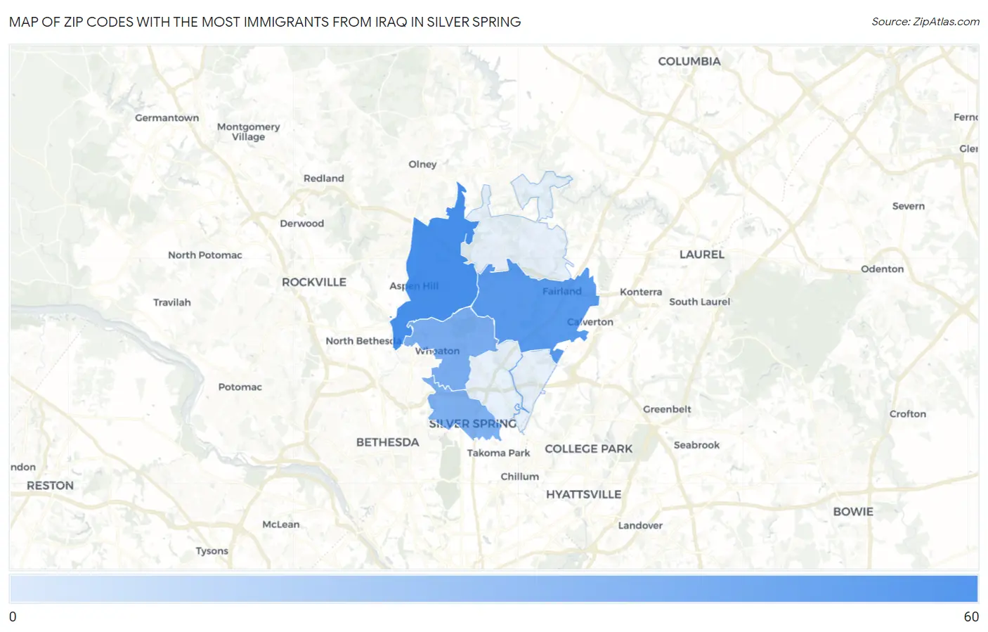 Zip Codes with the Most Immigrants from Iraq in Silver Spring Map