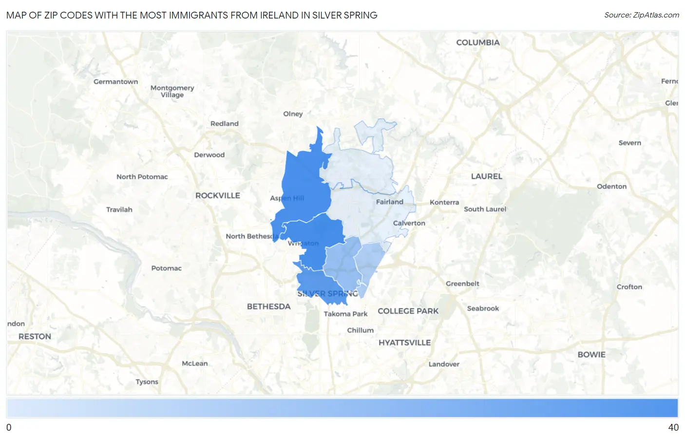 Zip Codes with the Most Immigrants from Ireland in Silver Spring Map