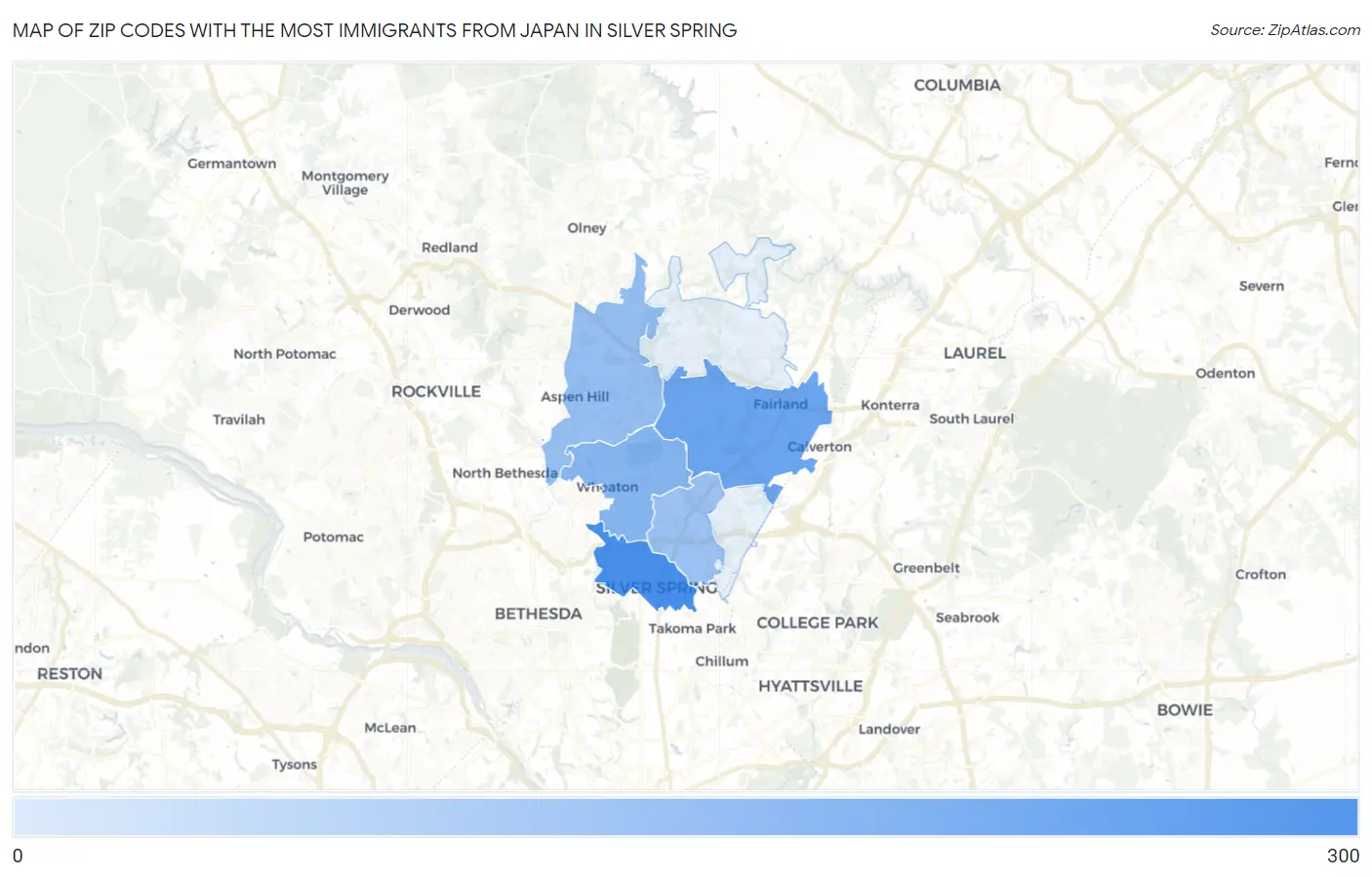 Zip Codes with the Most Immigrants from Japan in Silver Spring Map