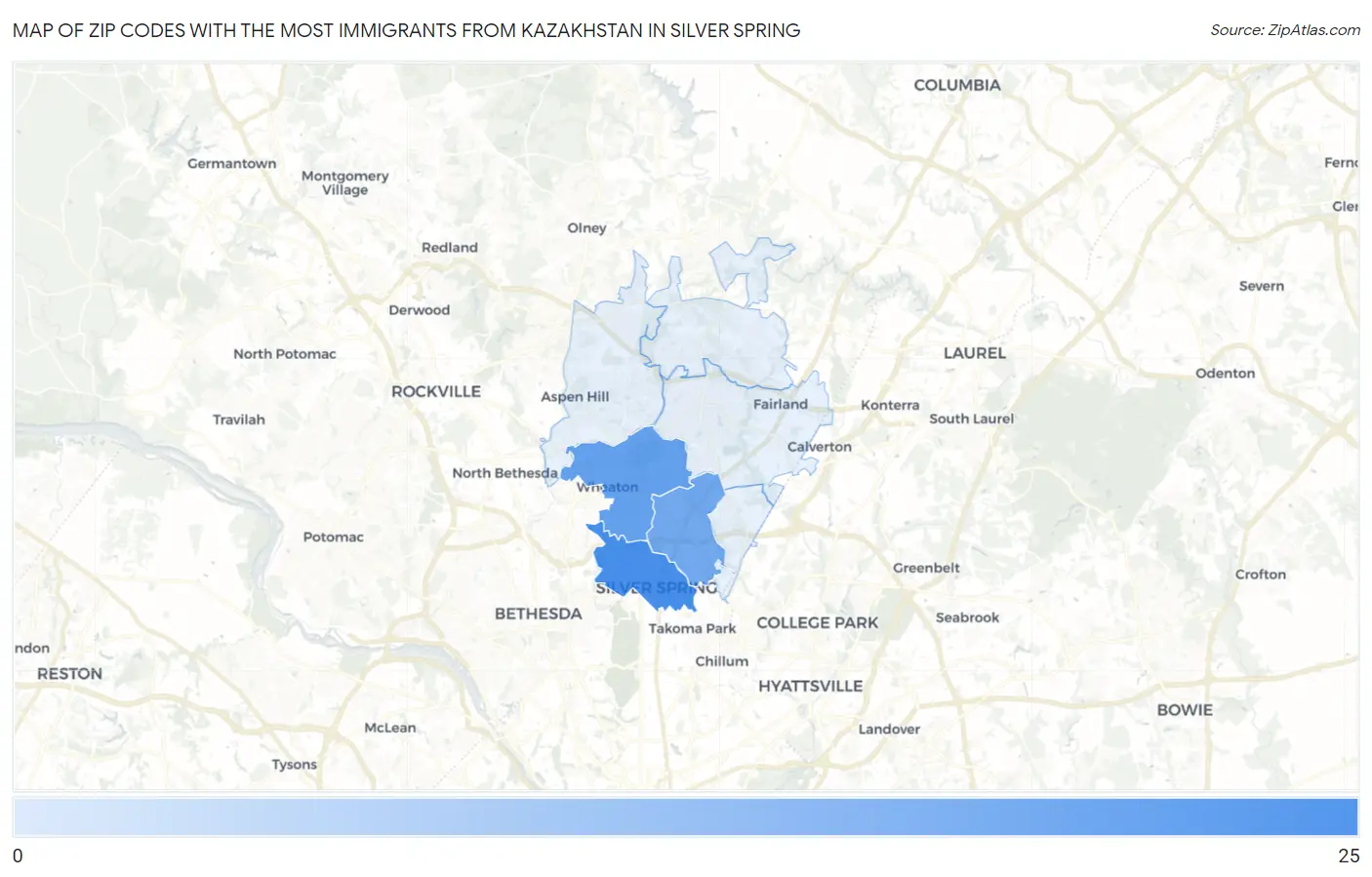 Zip Codes with the Most Immigrants from Kazakhstan in Silver Spring Map