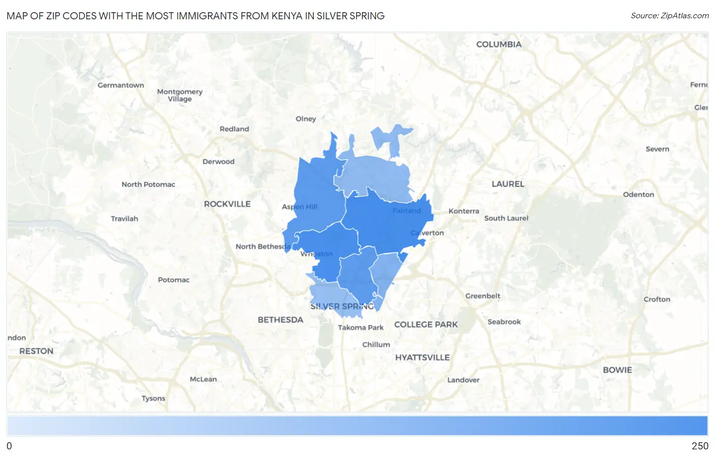 Zip Codes with the Most Immigrants from Kenya in Silver Spring Map
