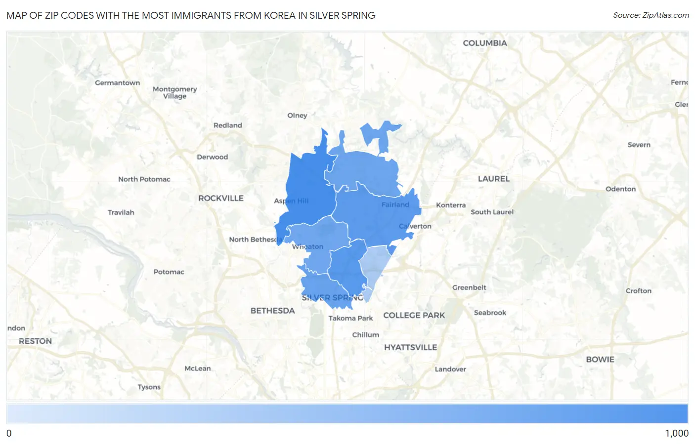 Zip Codes with the Most Immigrants from Korea in Silver Spring Map