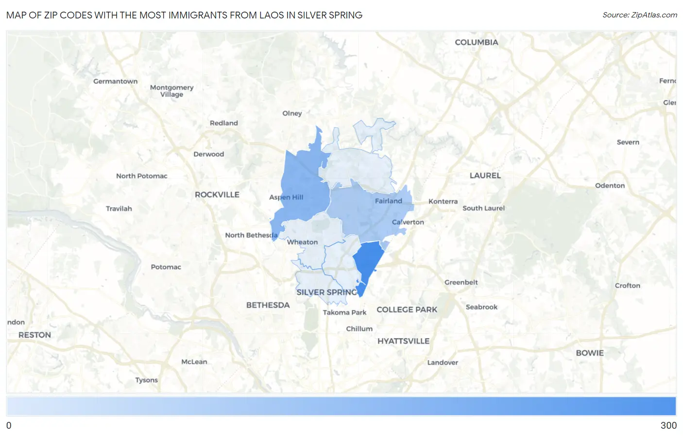 Zip Codes with the Most Immigrants from Laos in Silver Spring Map