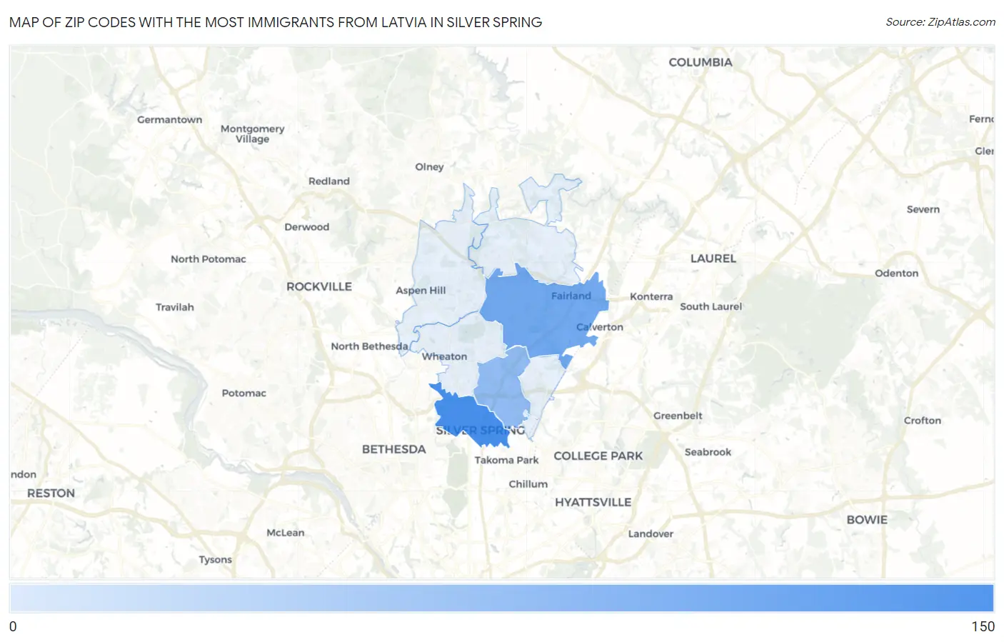 Zip Codes with the Most Immigrants from Latvia in Silver Spring Map