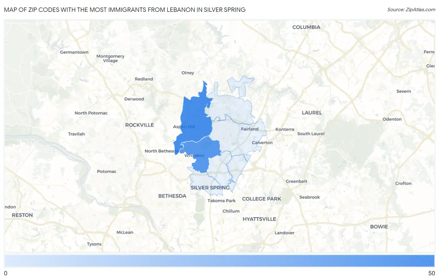 Zip Codes with the Most Immigrants from Lebanon in Silver Spring Map