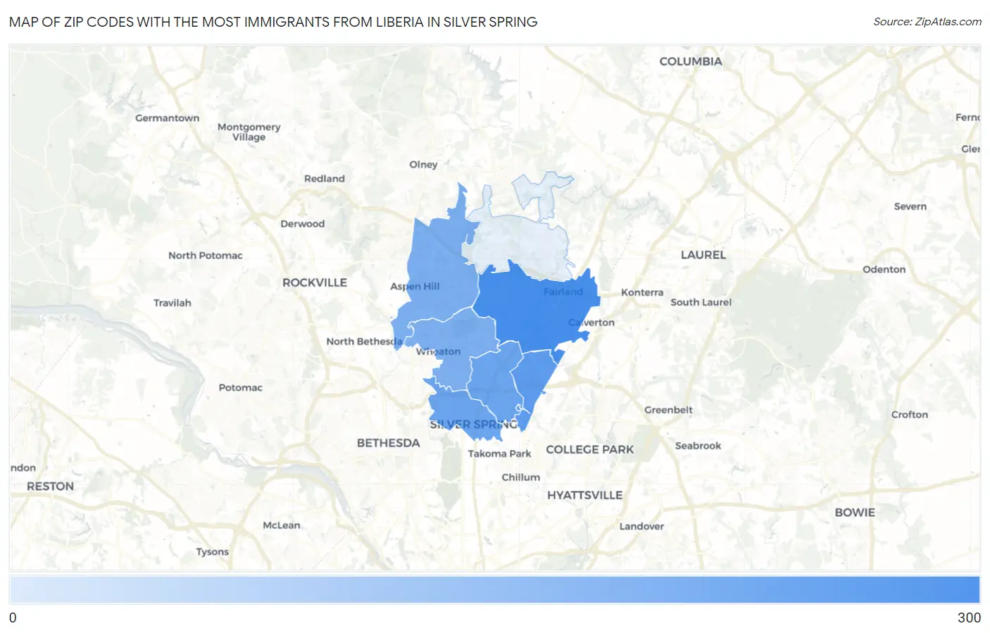 Zip Codes with the Most Immigrants from Liberia in Silver Spring Map