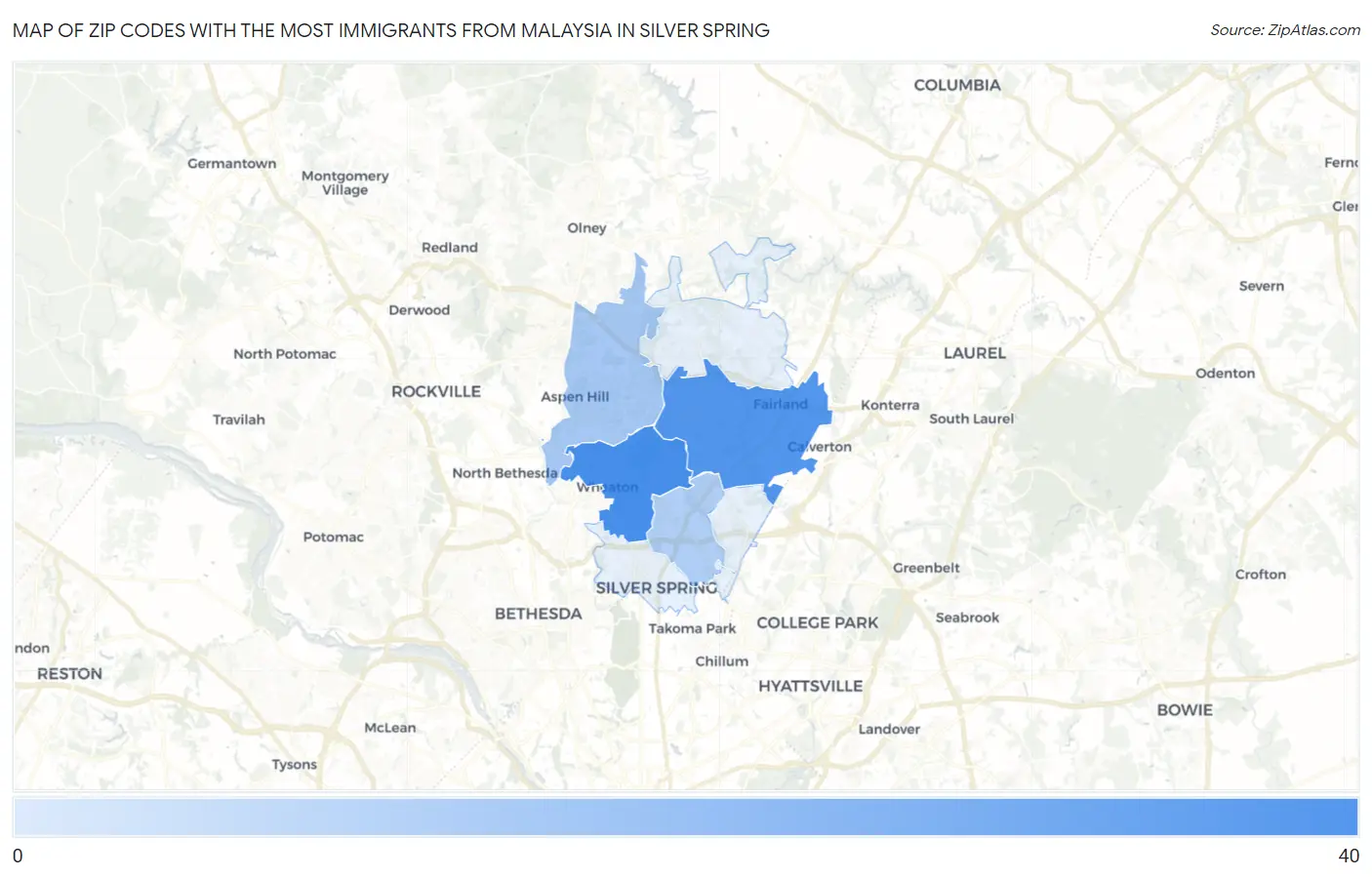 Zip Codes with the Most Immigrants from Malaysia in Silver Spring Map