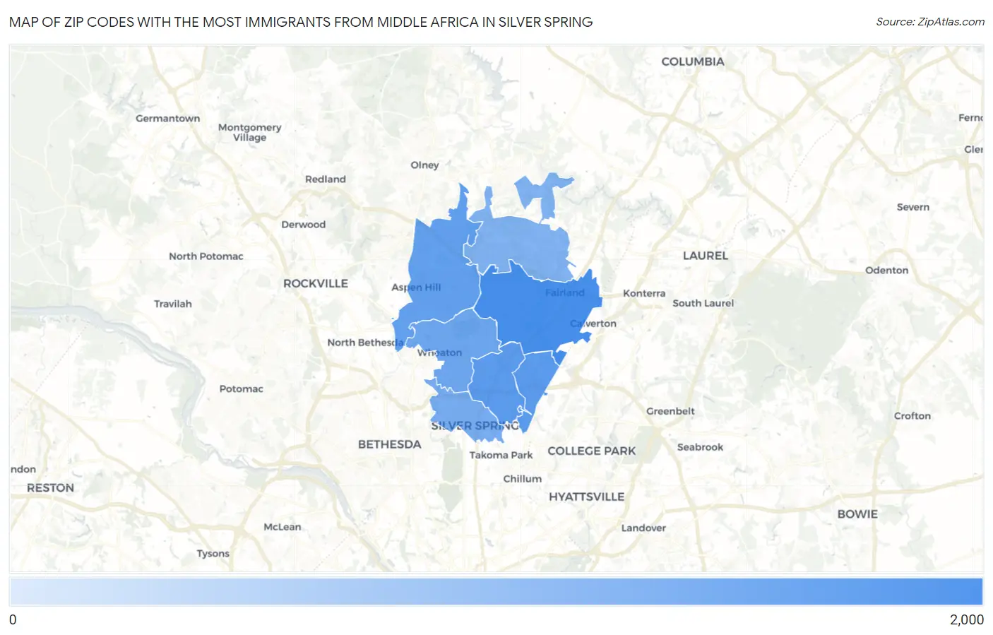 Zip Codes with the Most Immigrants from Middle Africa in Silver Spring Map