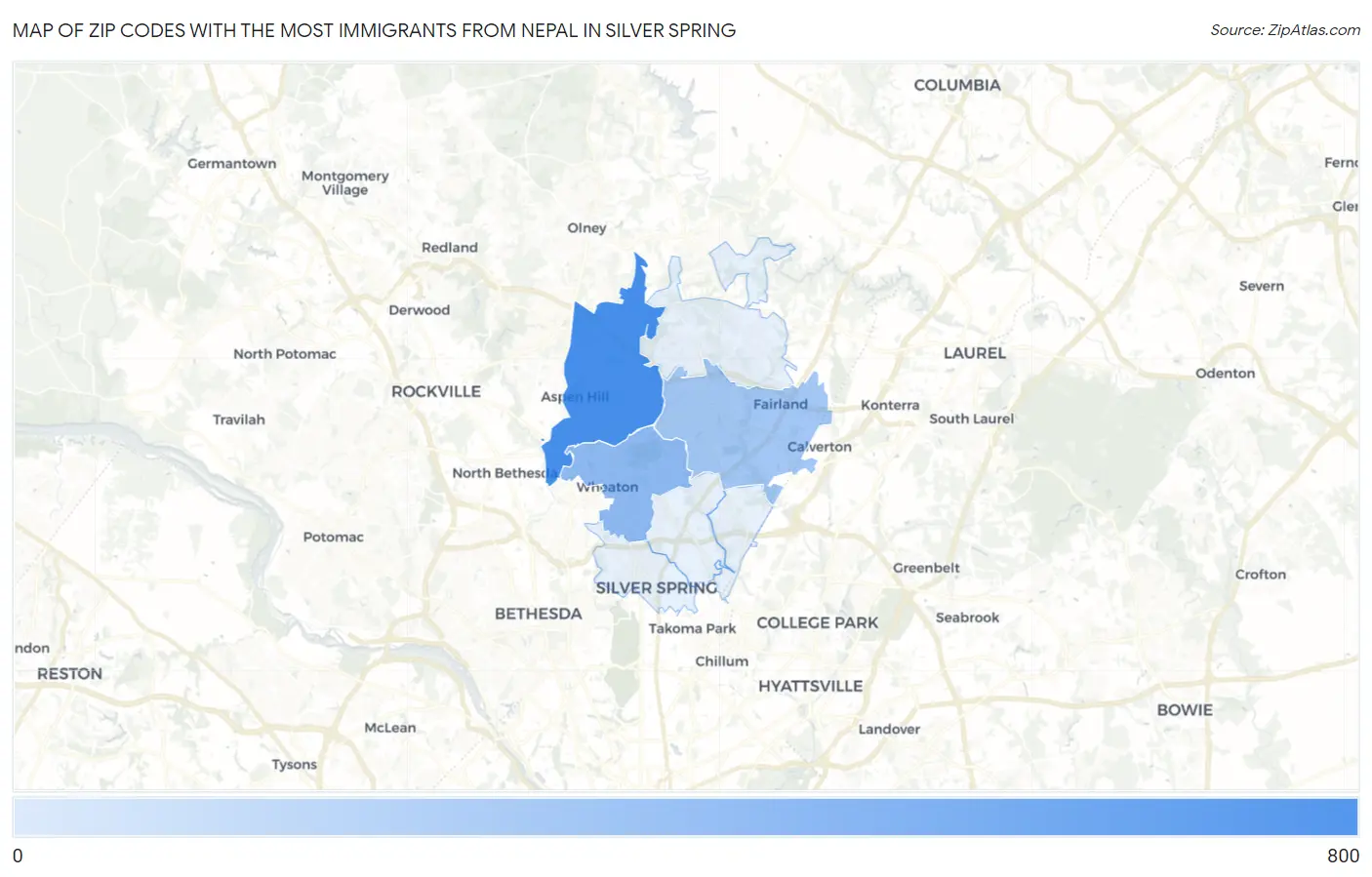 Zip Codes with the Most Immigrants from Nepal in Silver Spring Map