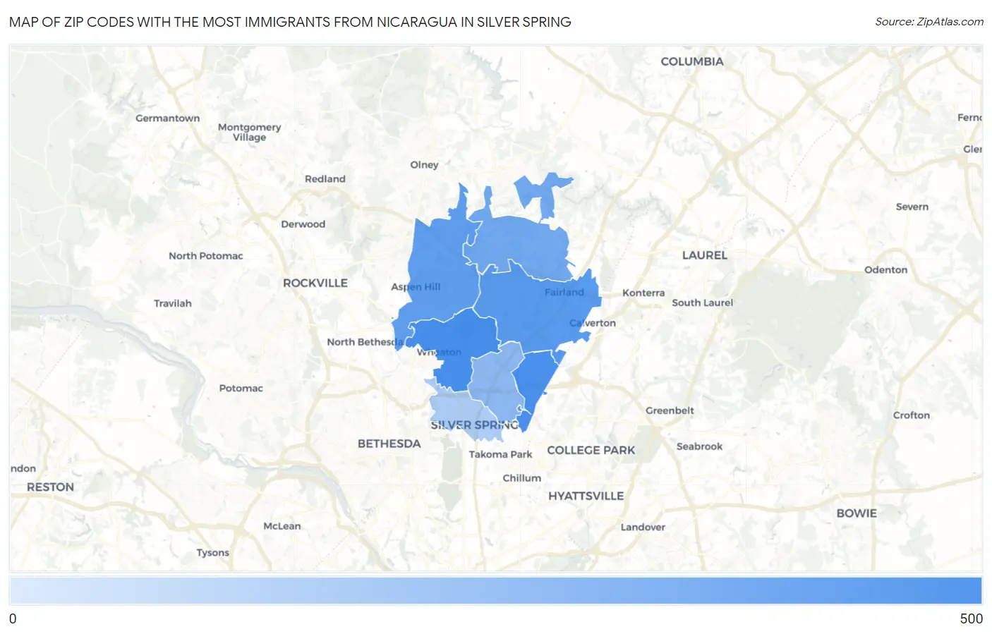 Zip Codes with the Most Immigrants from Nicaragua in Silver Spring Map