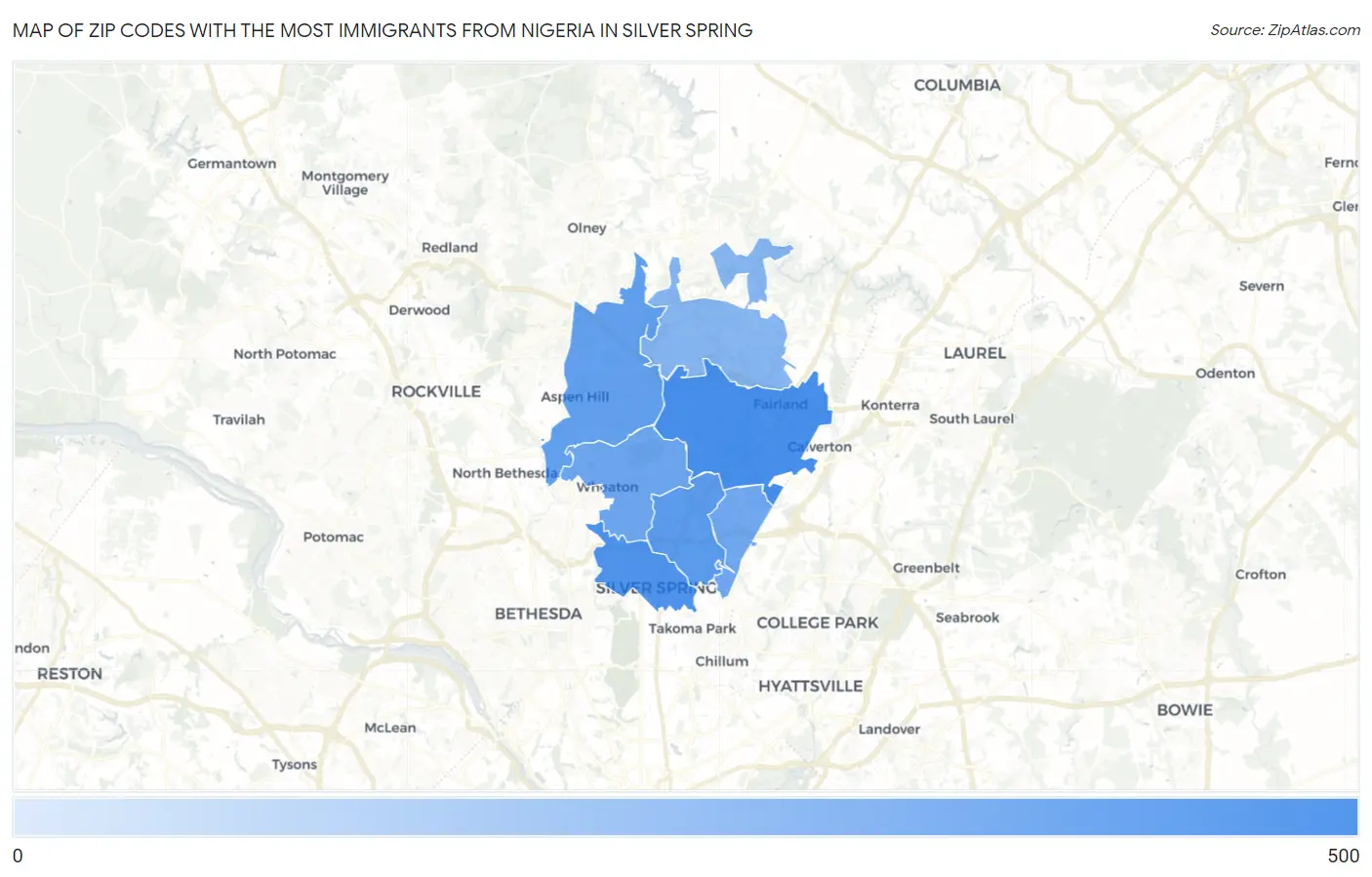 Zip Codes with the Most Immigrants from Nigeria in Silver Spring Map