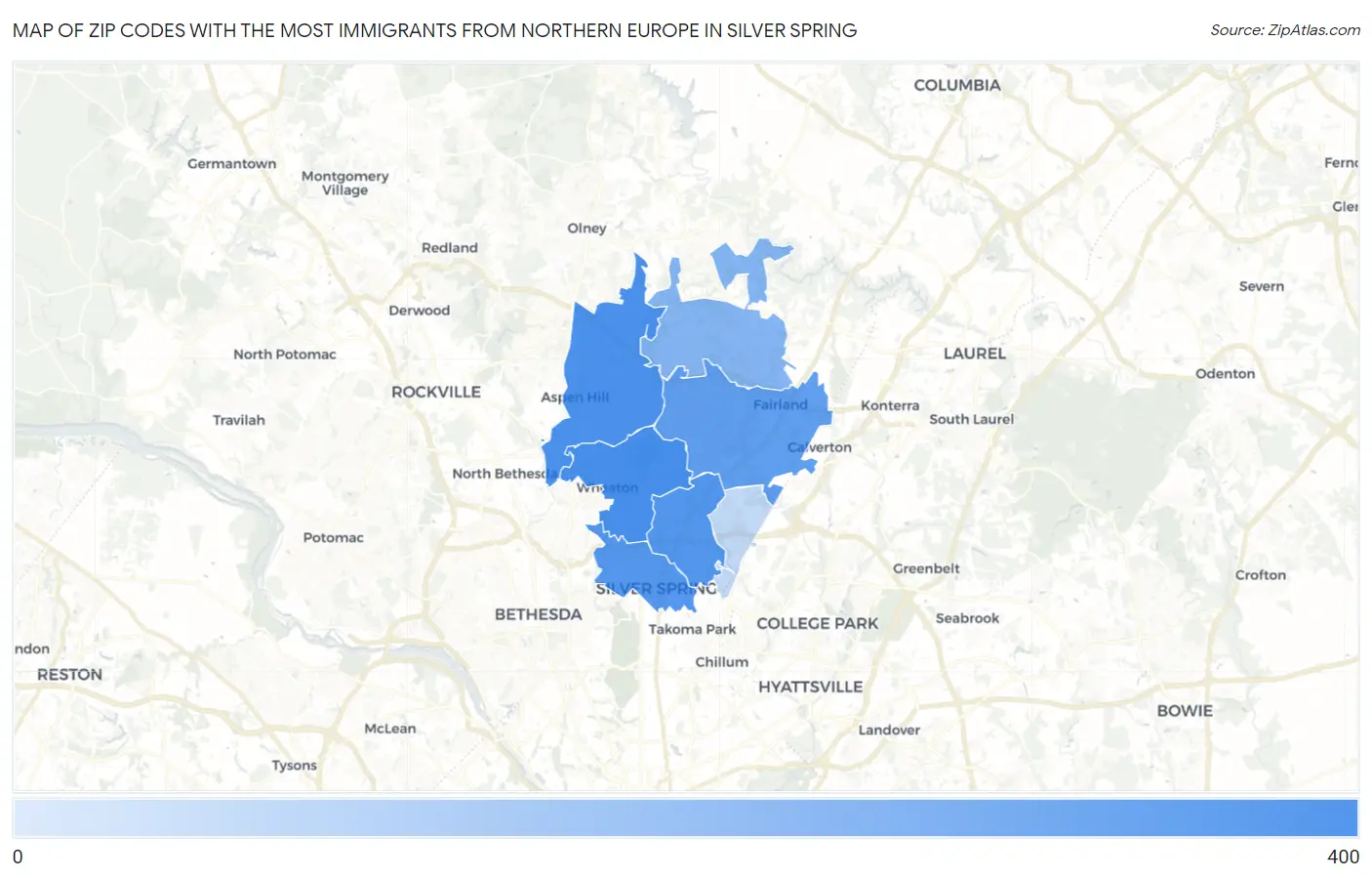 Zip Codes with the Most Immigrants from Northern Europe in Silver Spring Map