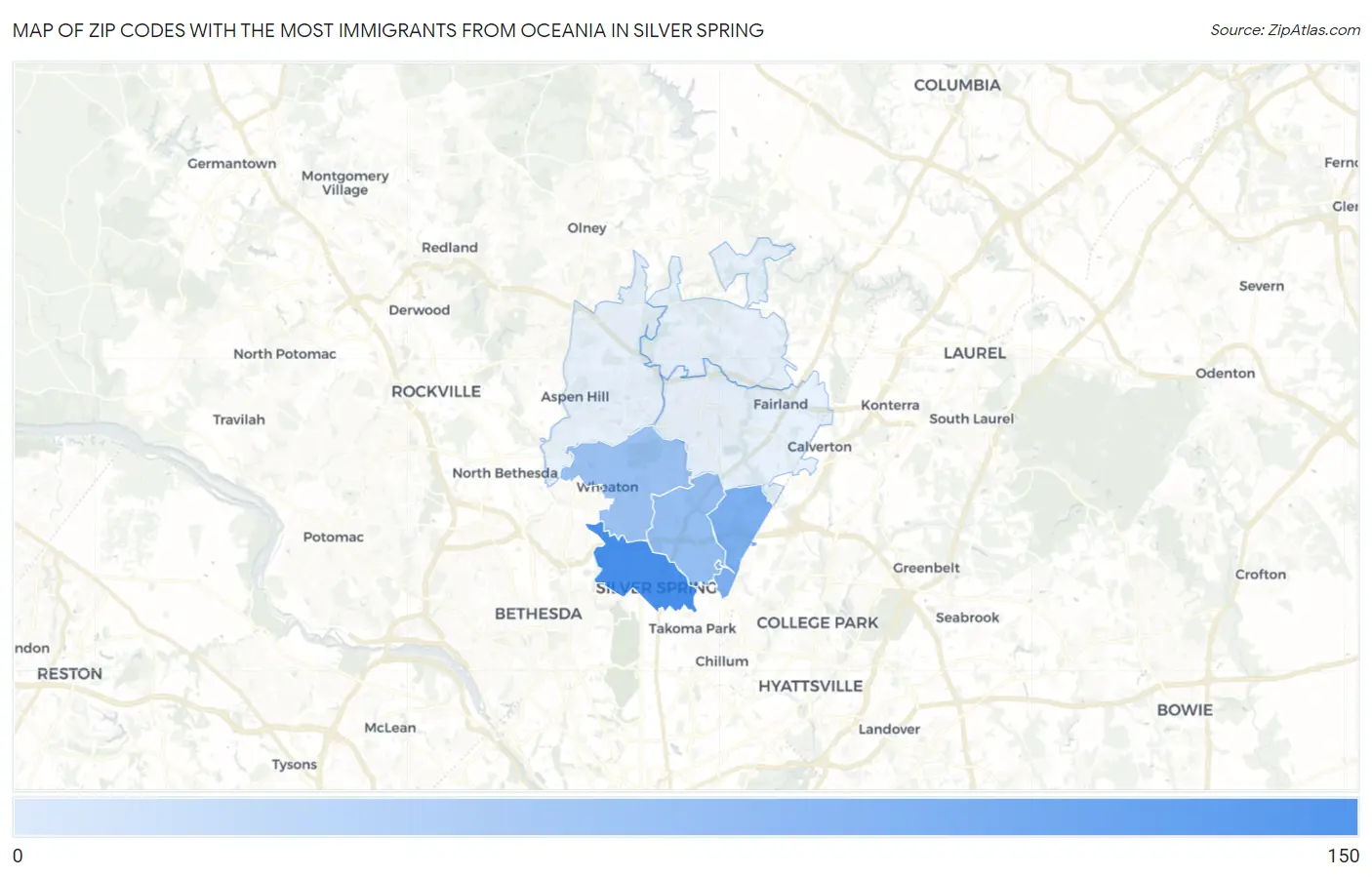 Zip Codes with the Most Immigrants from Oceania in Silver Spring Map