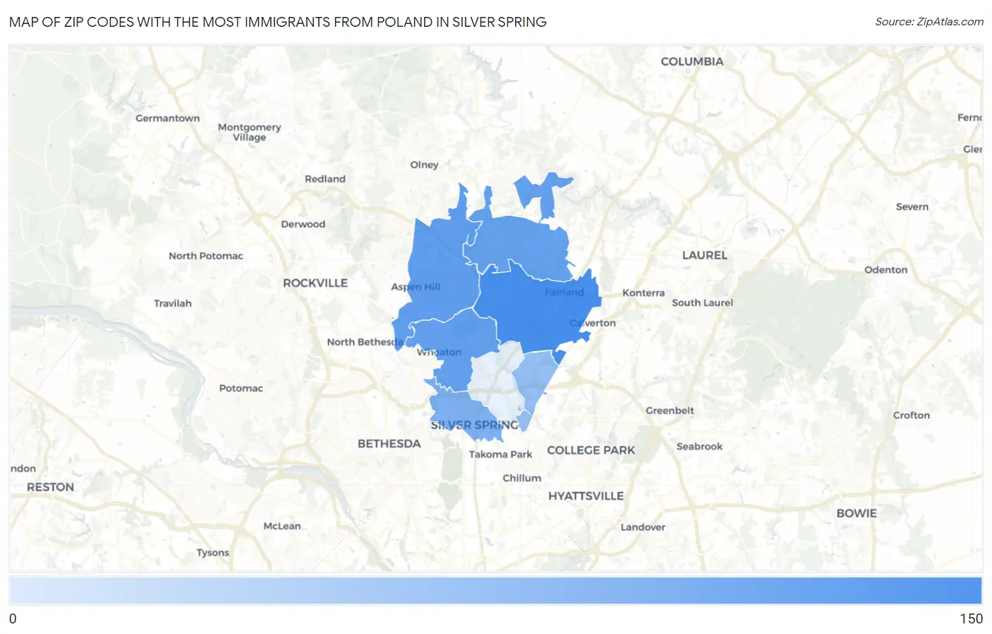 Zip Codes with the Most Immigrants from Poland in Silver Spring Map