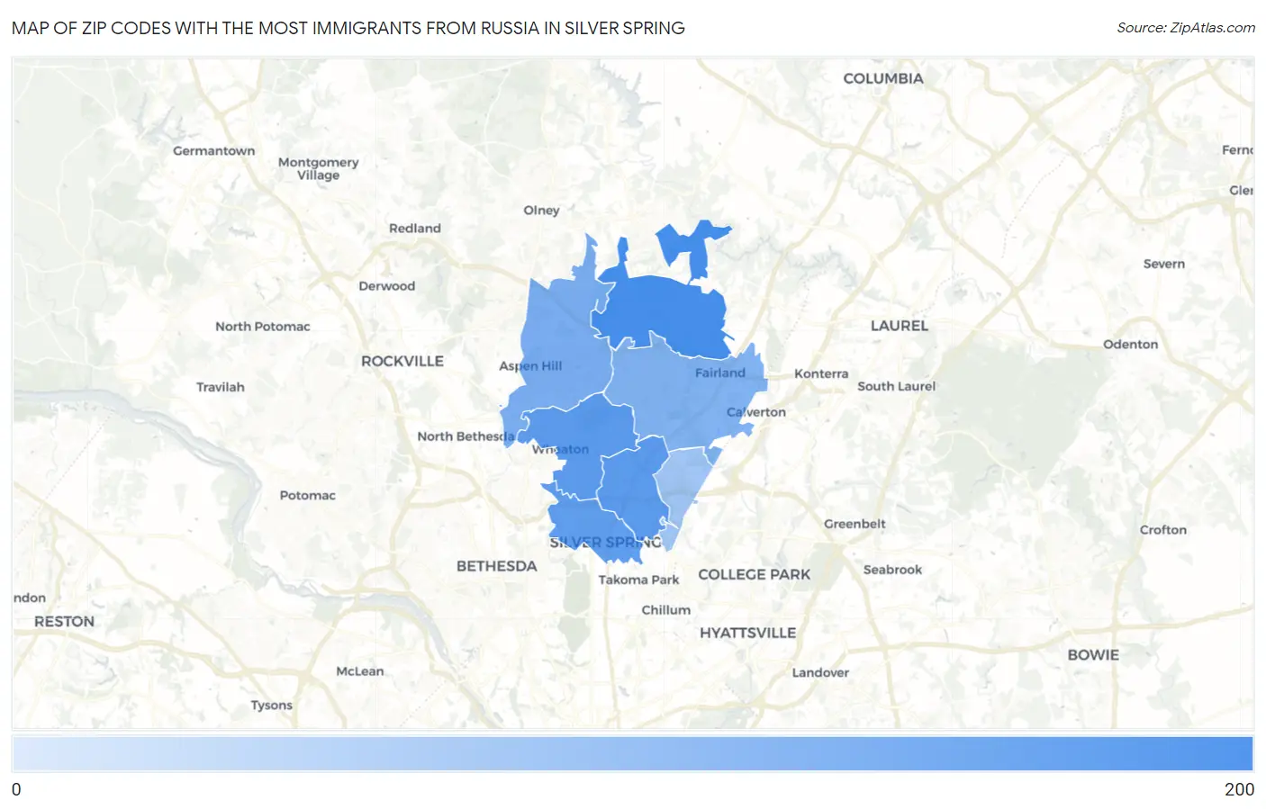 Zip Codes with the Most Immigrants from Russia in Silver Spring Map