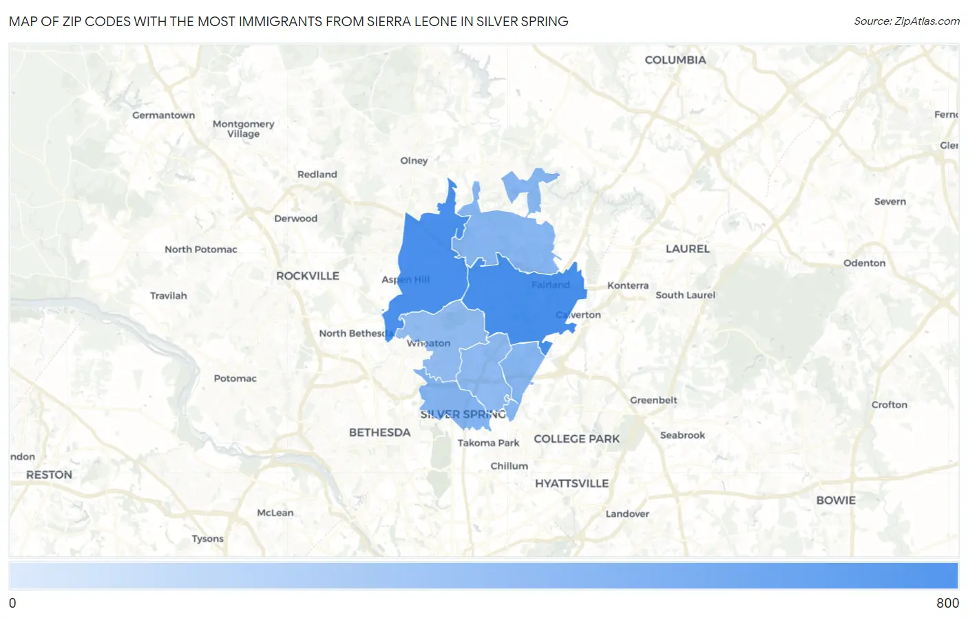 Zip Codes with the Most Immigrants from Sierra Leone in Silver Spring Map