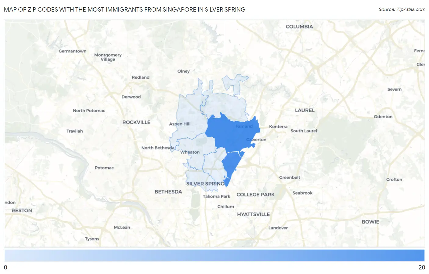 Zip Codes with the Most Immigrants from Singapore in Silver Spring Map