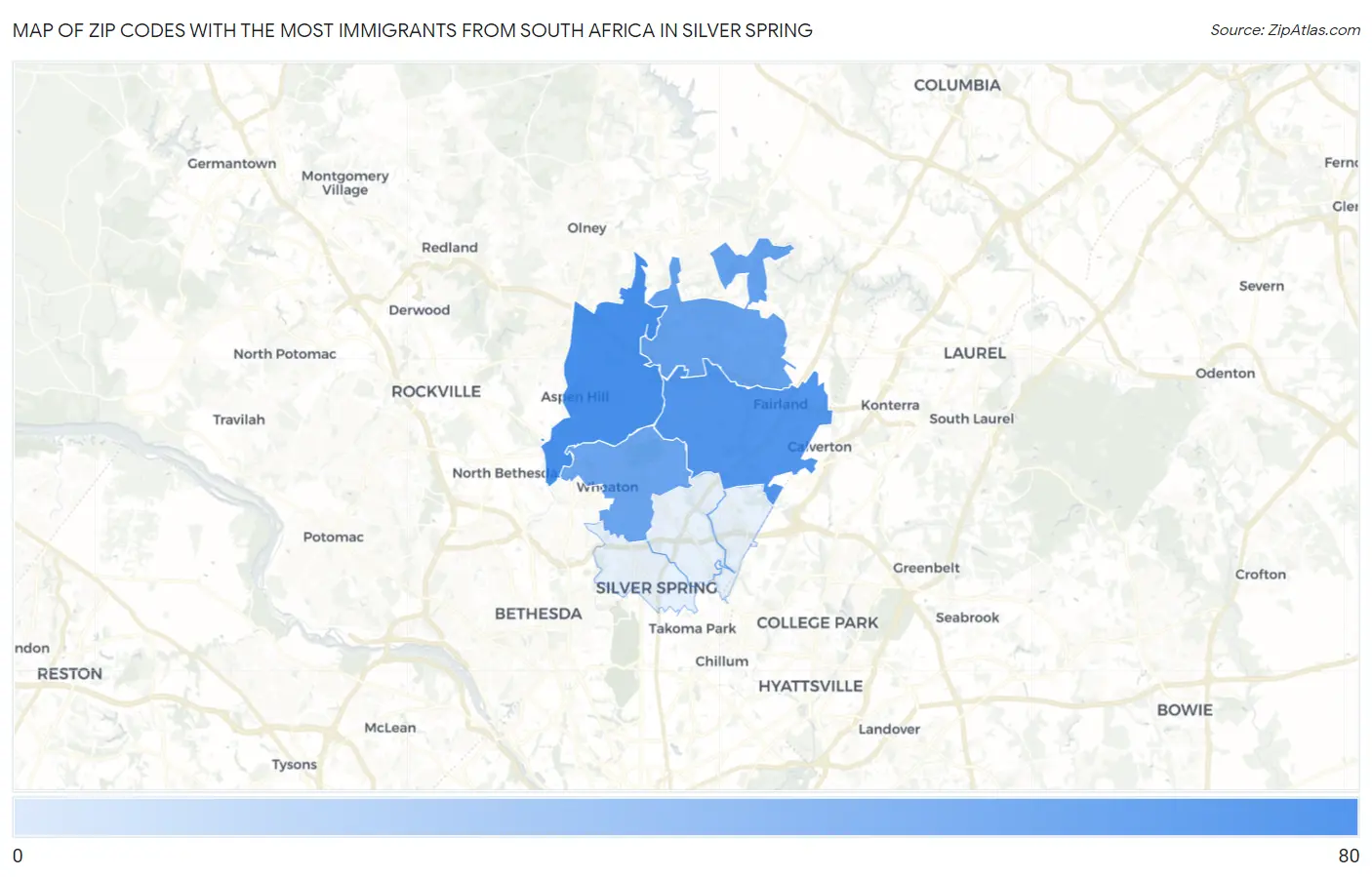Zip Codes with the Most Immigrants from South Africa in Silver Spring Map