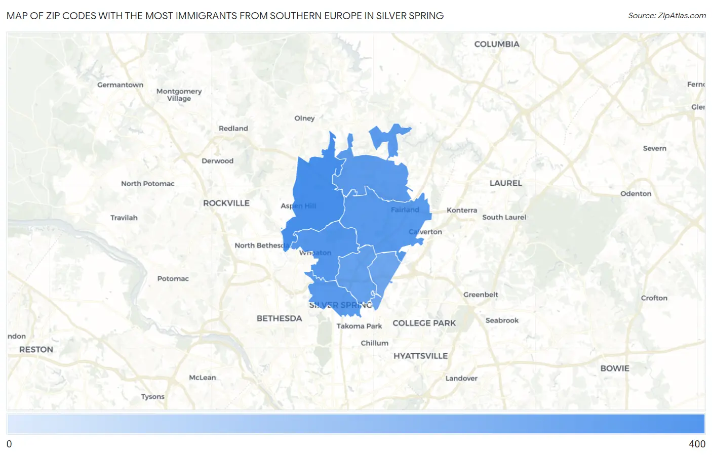 Zip Codes with the Most Immigrants from Southern Europe in Silver Spring Map