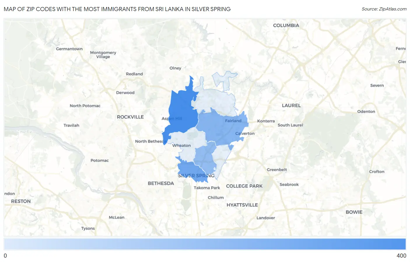 Zip Codes with the Most Immigrants from Sri Lanka in Silver Spring Map