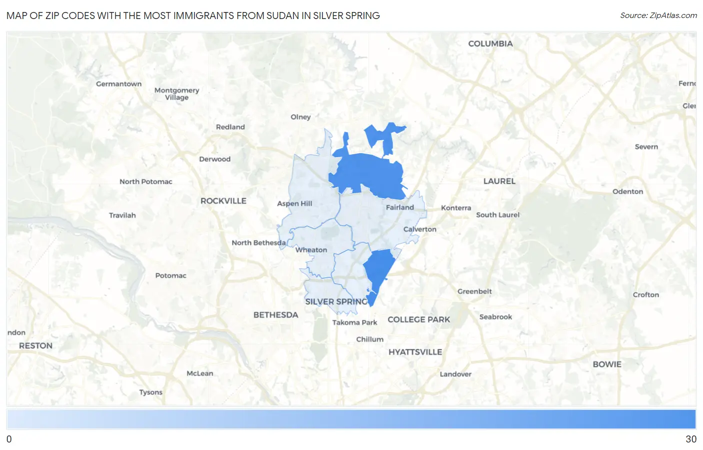 Zip Codes with the Most Immigrants from Sudan in Silver Spring Map