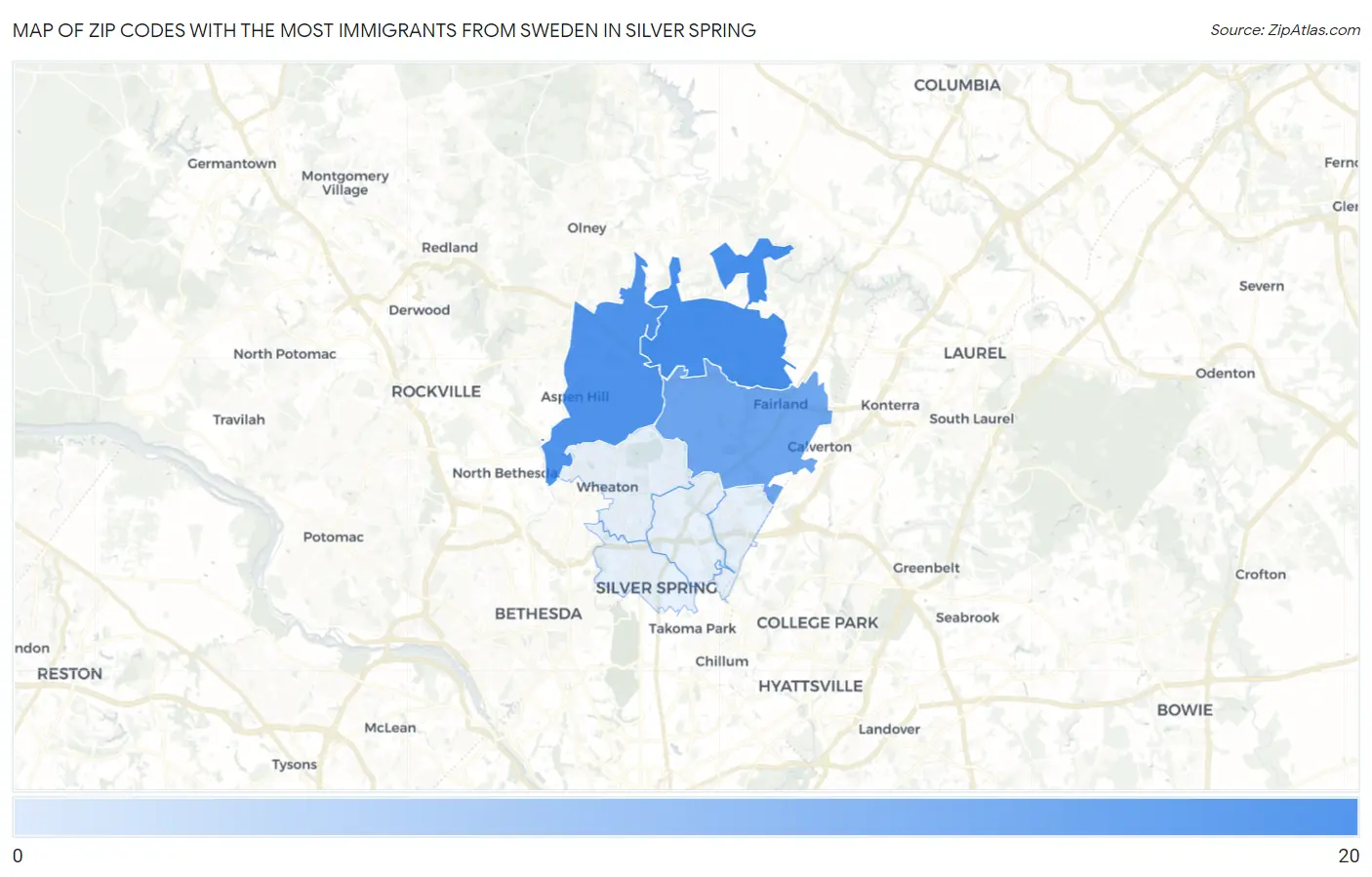 Zip Codes with the Most Immigrants from Sweden in Silver Spring Map