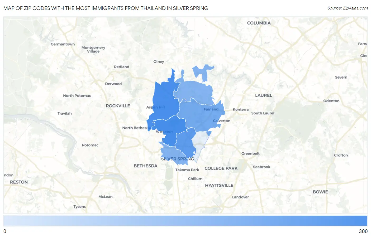 Zip Codes with the Most Immigrants from Thailand in Silver Spring Map