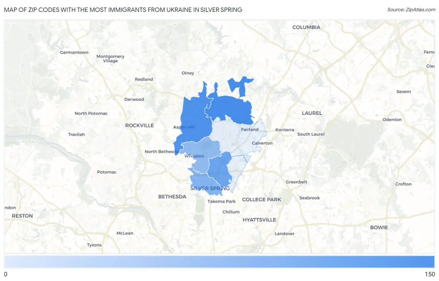 Zip Codes with the Most Immigrants from Ukraine in Silver Spring Map
