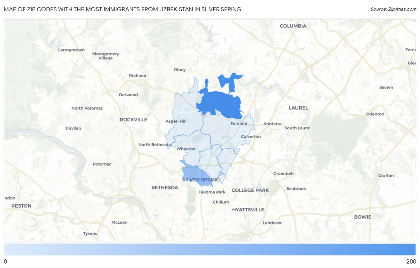 Zip Codes with the Most Immigrants from Uzbekistan in Silver Spring Map