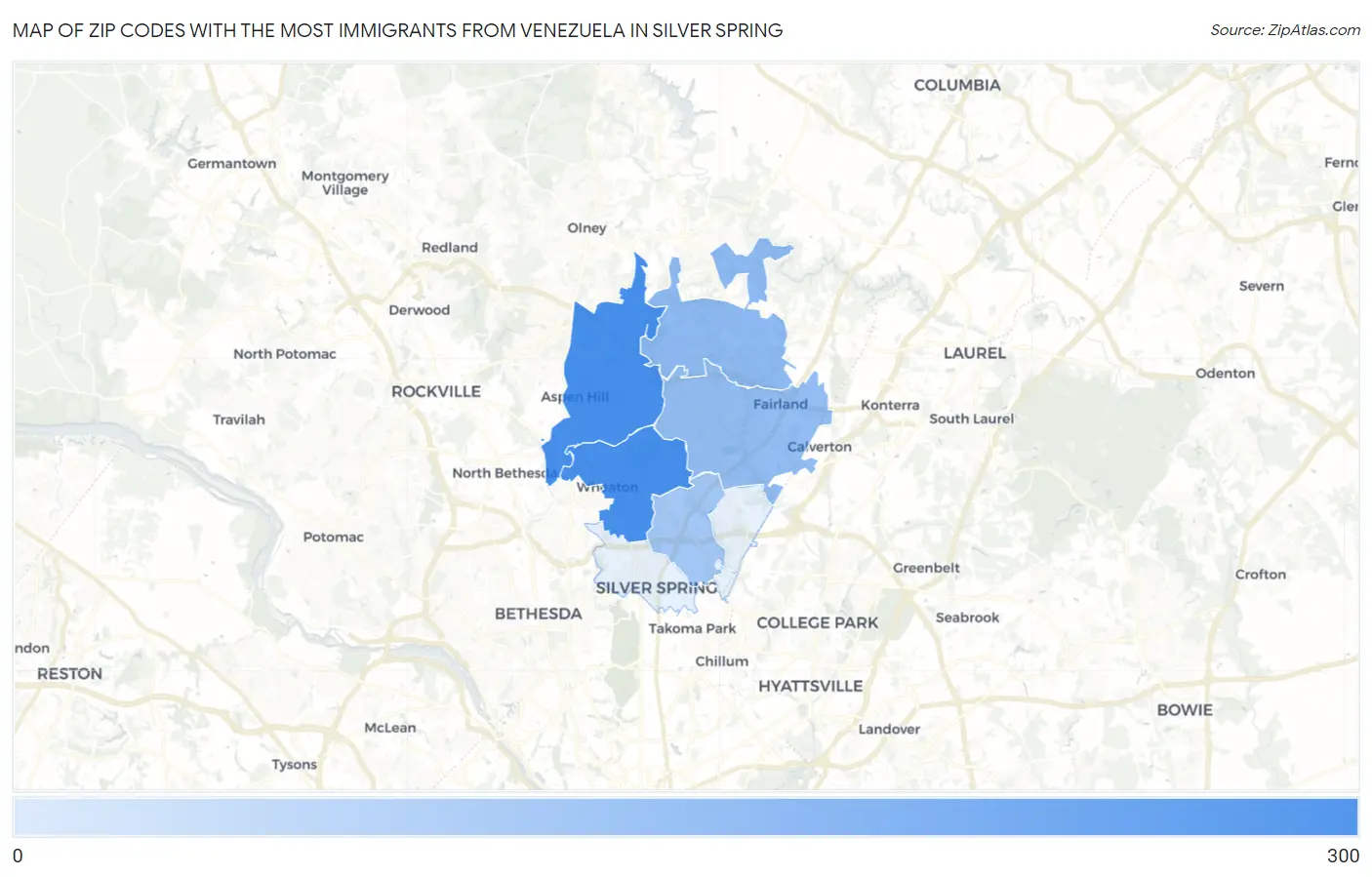 Zip Codes with the Most Immigrants from Venezuela in Silver Spring Map