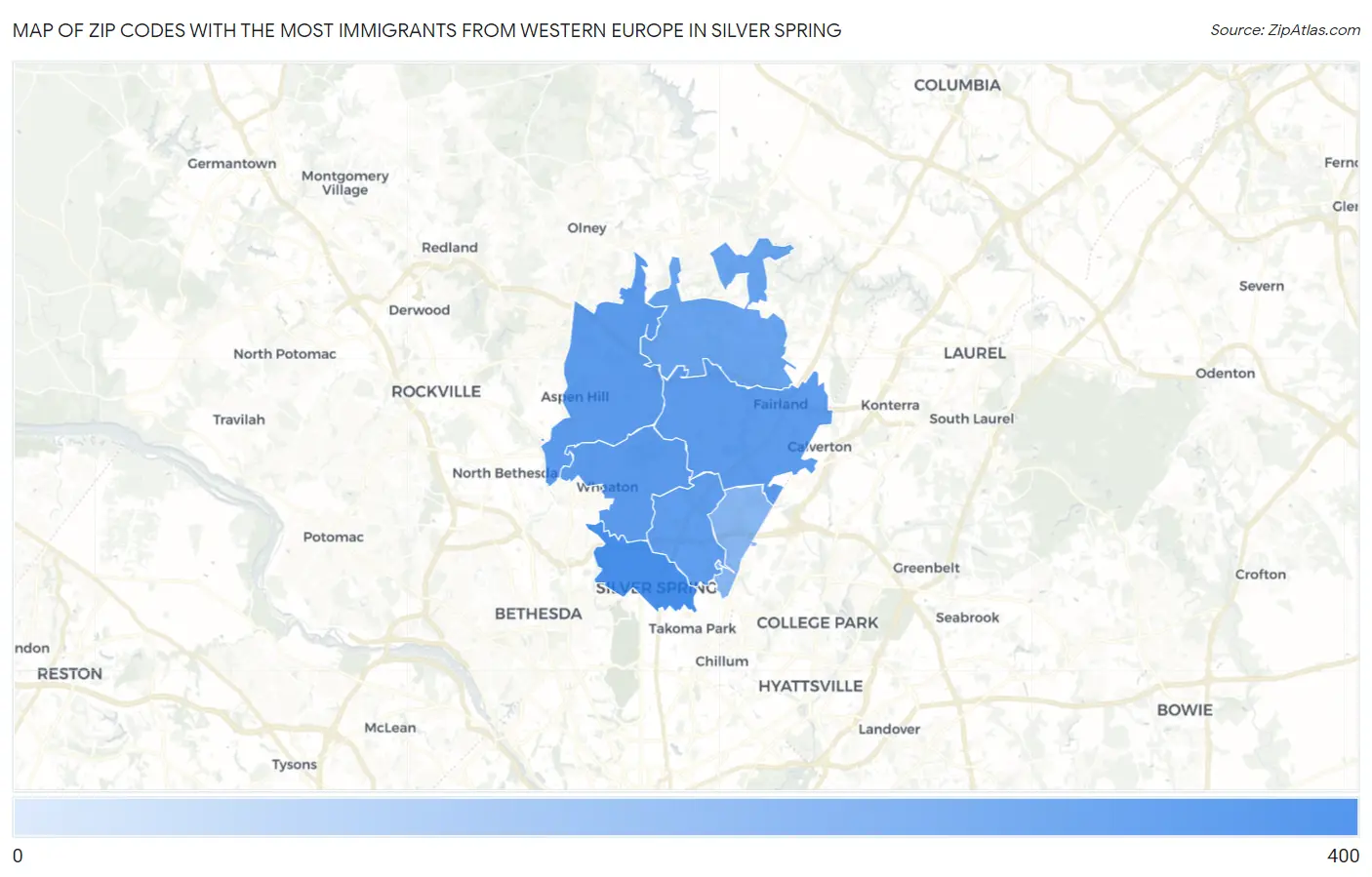 Zip Codes with the Most Immigrants from Western Europe in Silver Spring Map