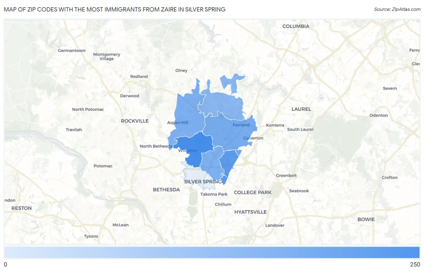 Zip Codes with the Most Immigrants from Zaire in Silver Spring Map