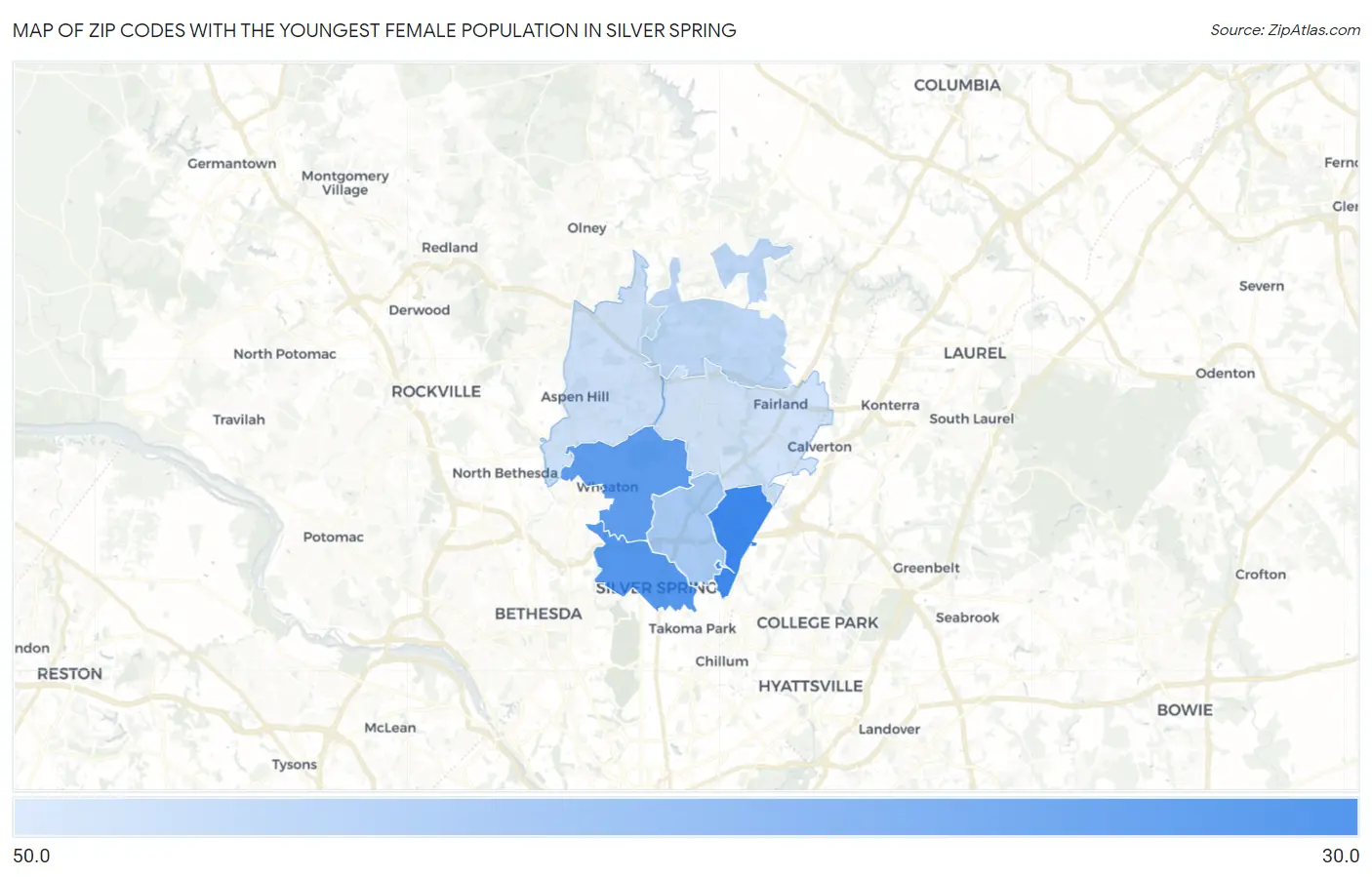 Zip Codes with the Youngest Female Population in Silver Spring Map