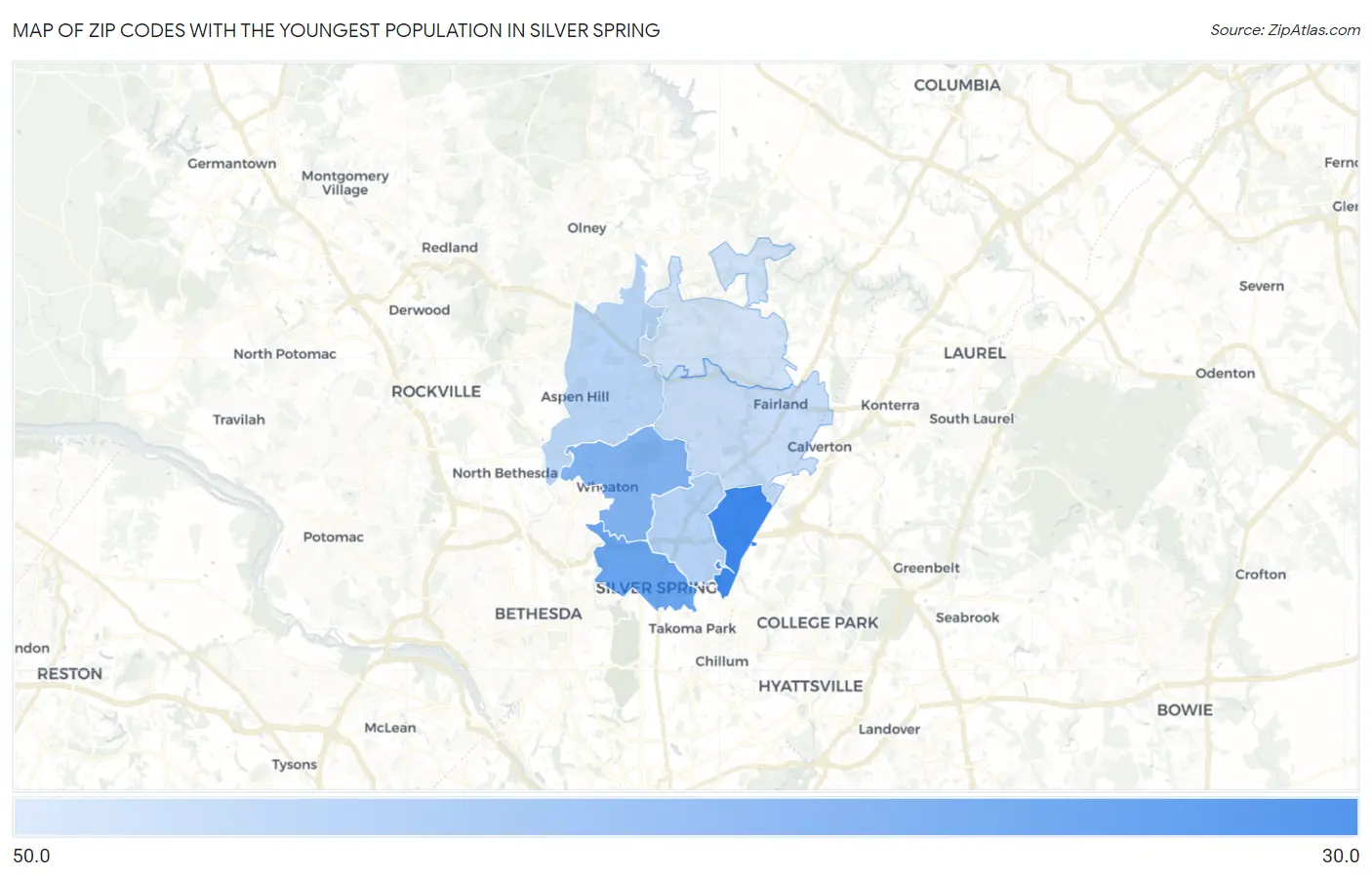Zip Codes with the Youngest Population in Silver Spring Map