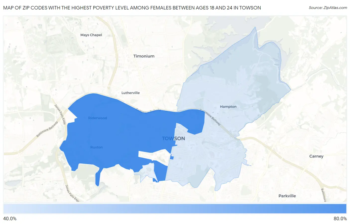 Zip Codes with the Highest Poverty Level Among Females Between Ages 18 and 24 in Towson Map
