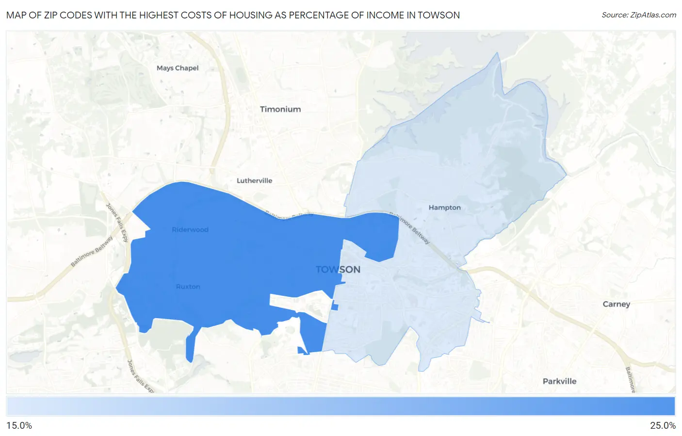 Zip Codes with the Highest Costs of Housing as Percentage of Income in Towson Map