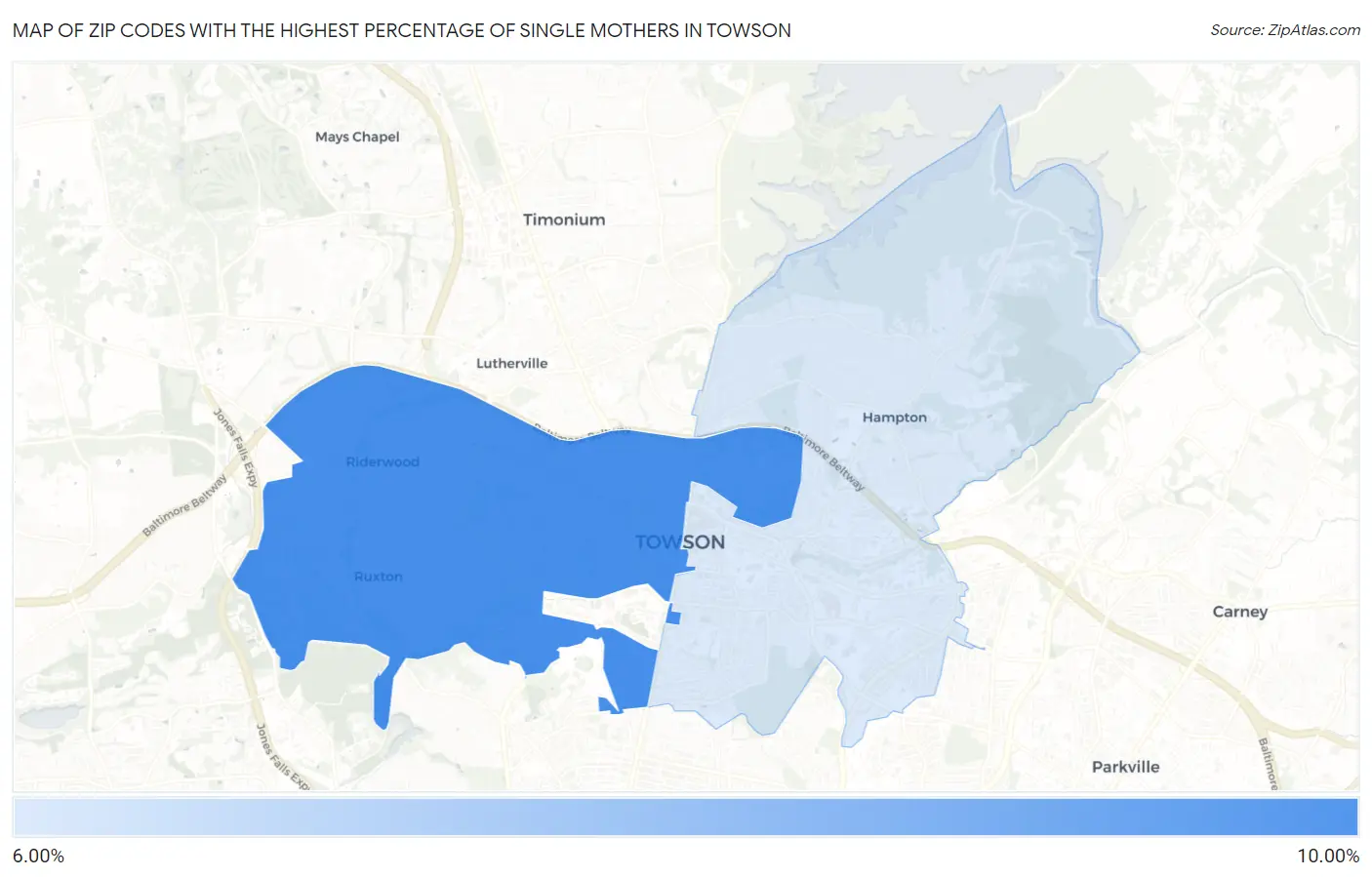Zip Codes with the Highest Percentage of Single Mothers in Towson Map