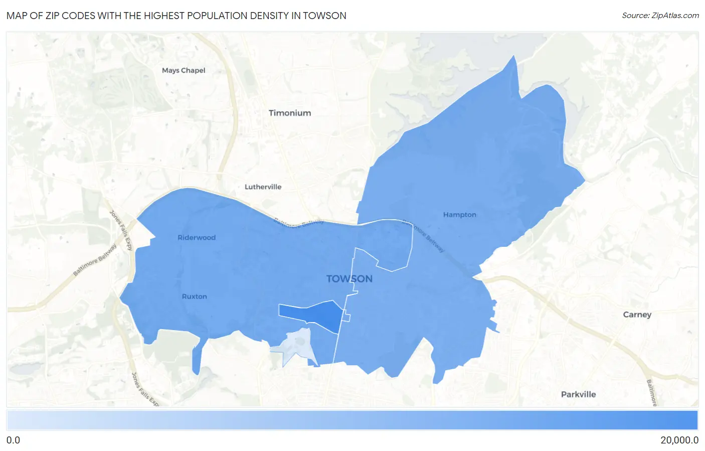 Zip Codes with the Highest Population Density in Towson Map