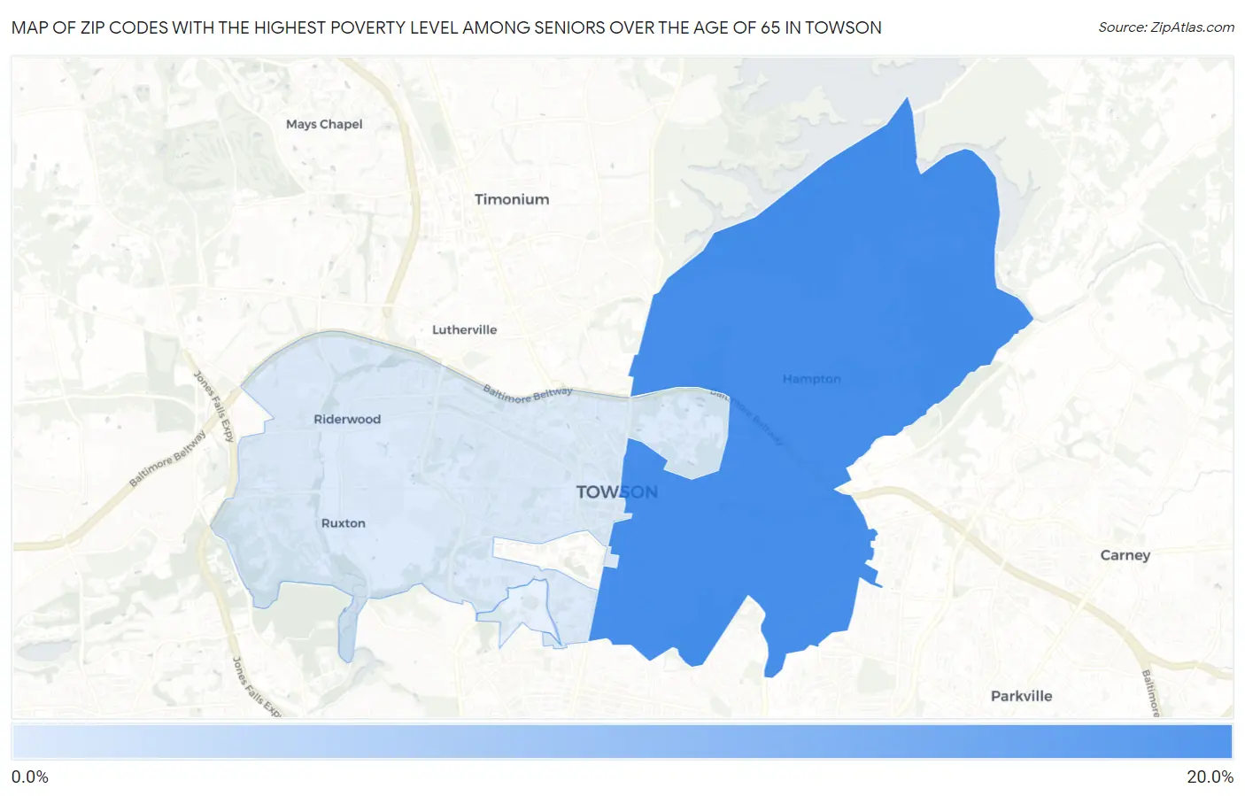 Zip Codes with the Highest Poverty Level Among Seniors Over the Age of 65 in Towson Map