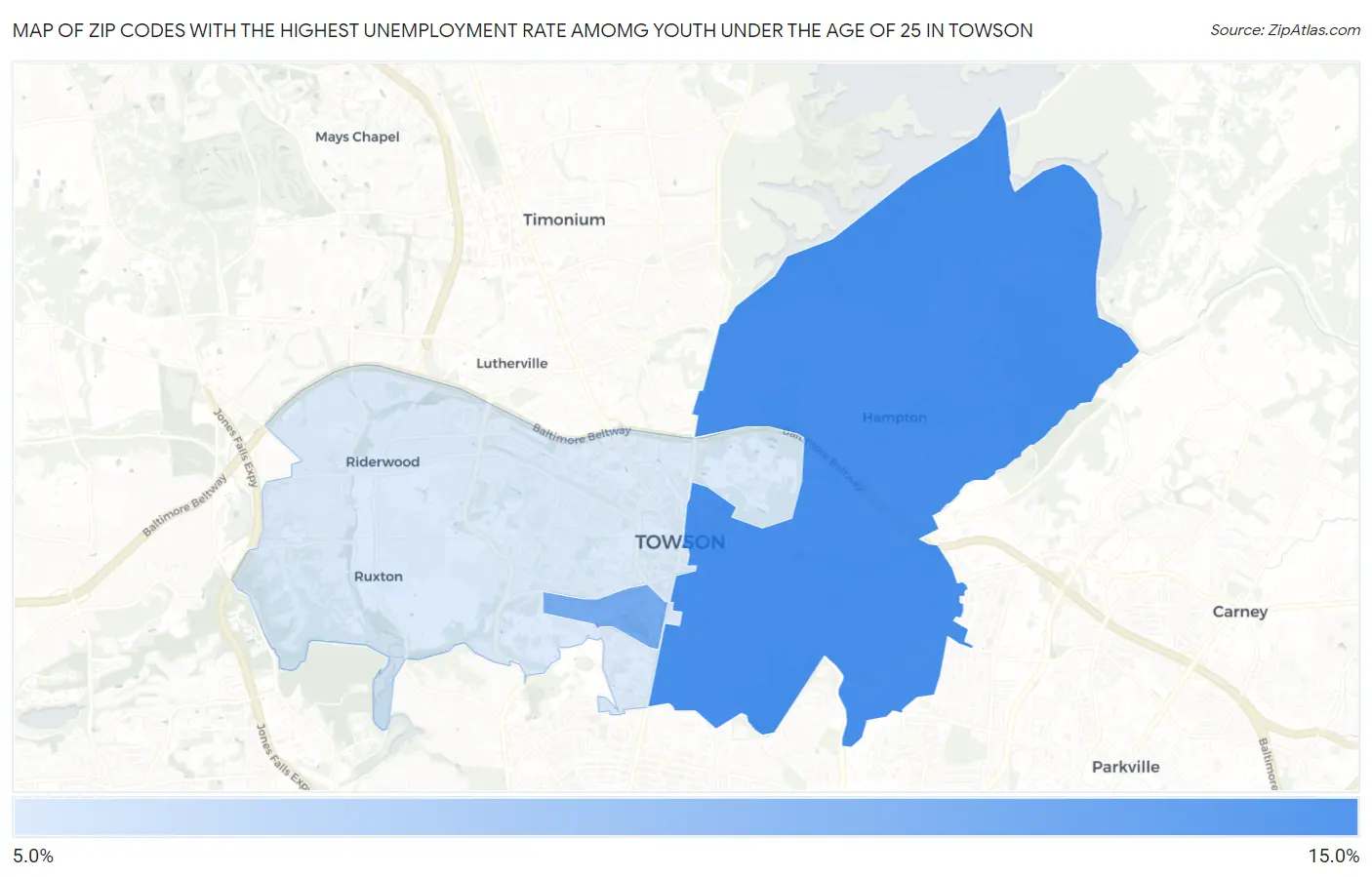 Zip Codes with the Highest Unemployment Rate Amomg Youth Under the Age of 25 in Towson Map