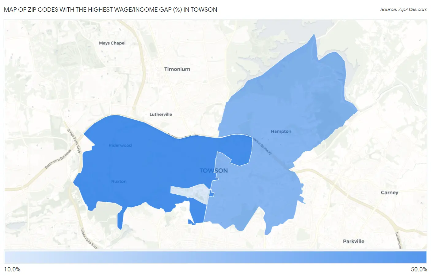 Zip Codes with the Highest Wage/Income Gap (%) in Towson Map