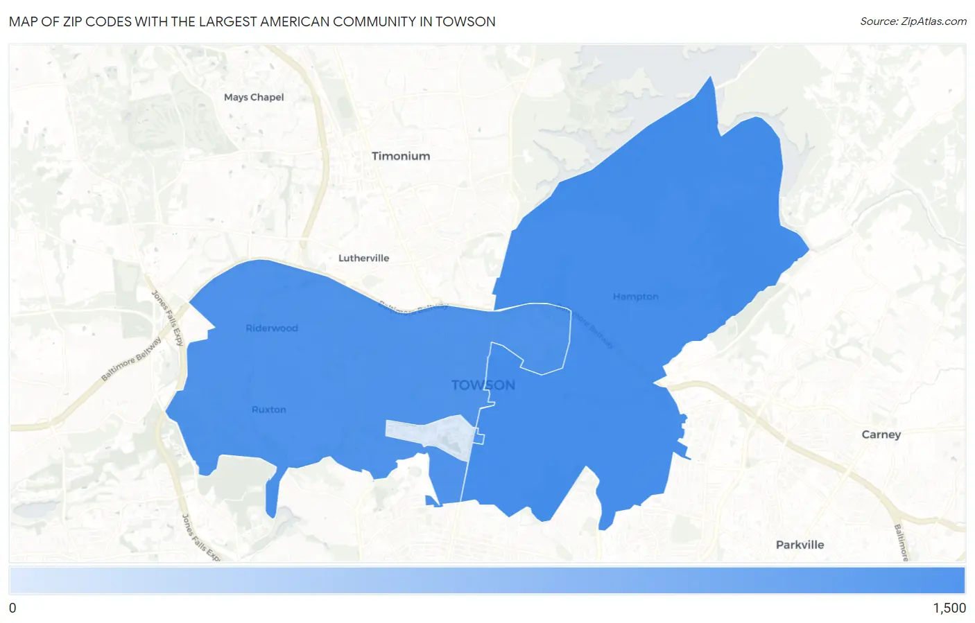 Zip Codes with the Largest American Community in Towson Map
