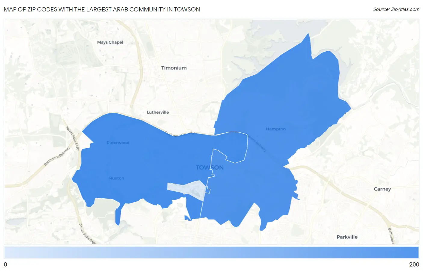 Zip Codes with the Largest Arab Community in Towson Map