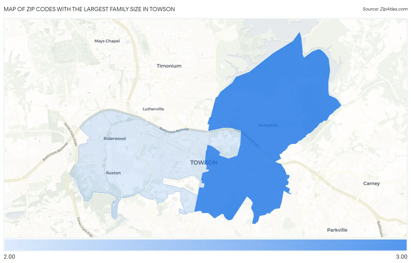 Zip Codes with the Largest Family Size in Towson Map