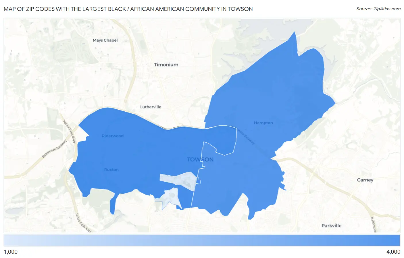 Zip Codes with the Largest Black / African American Community in Towson Map