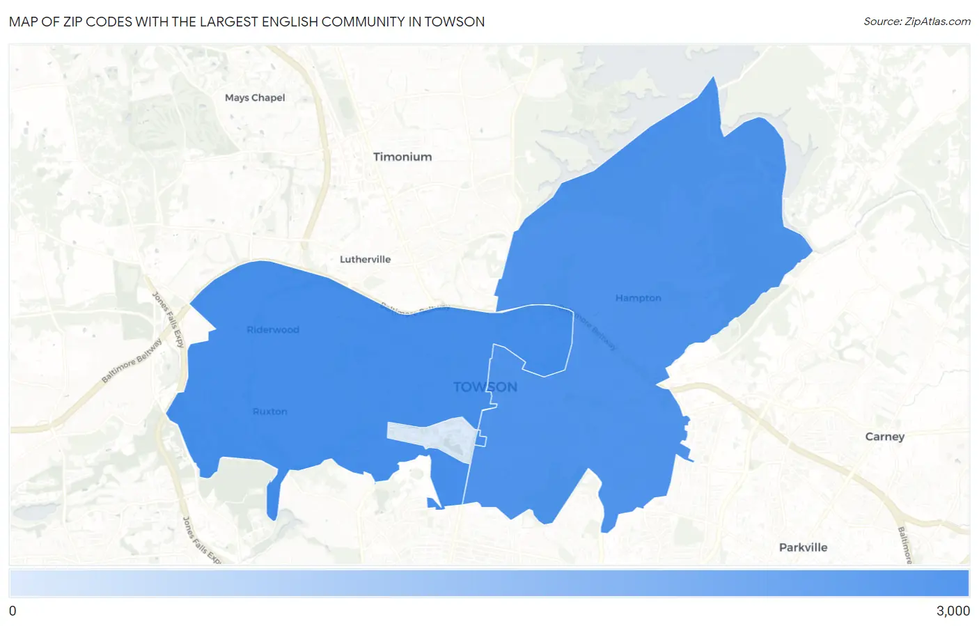 Zip Codes with the Largest English Community in Towson Map