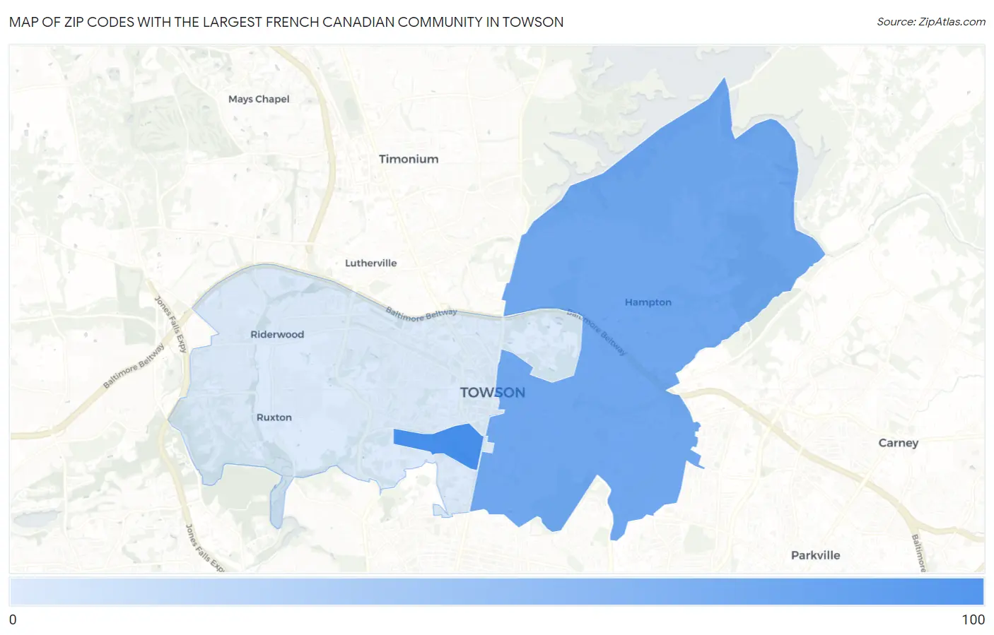 Zip Codes with the Largest French Canadian Community in Towson Map