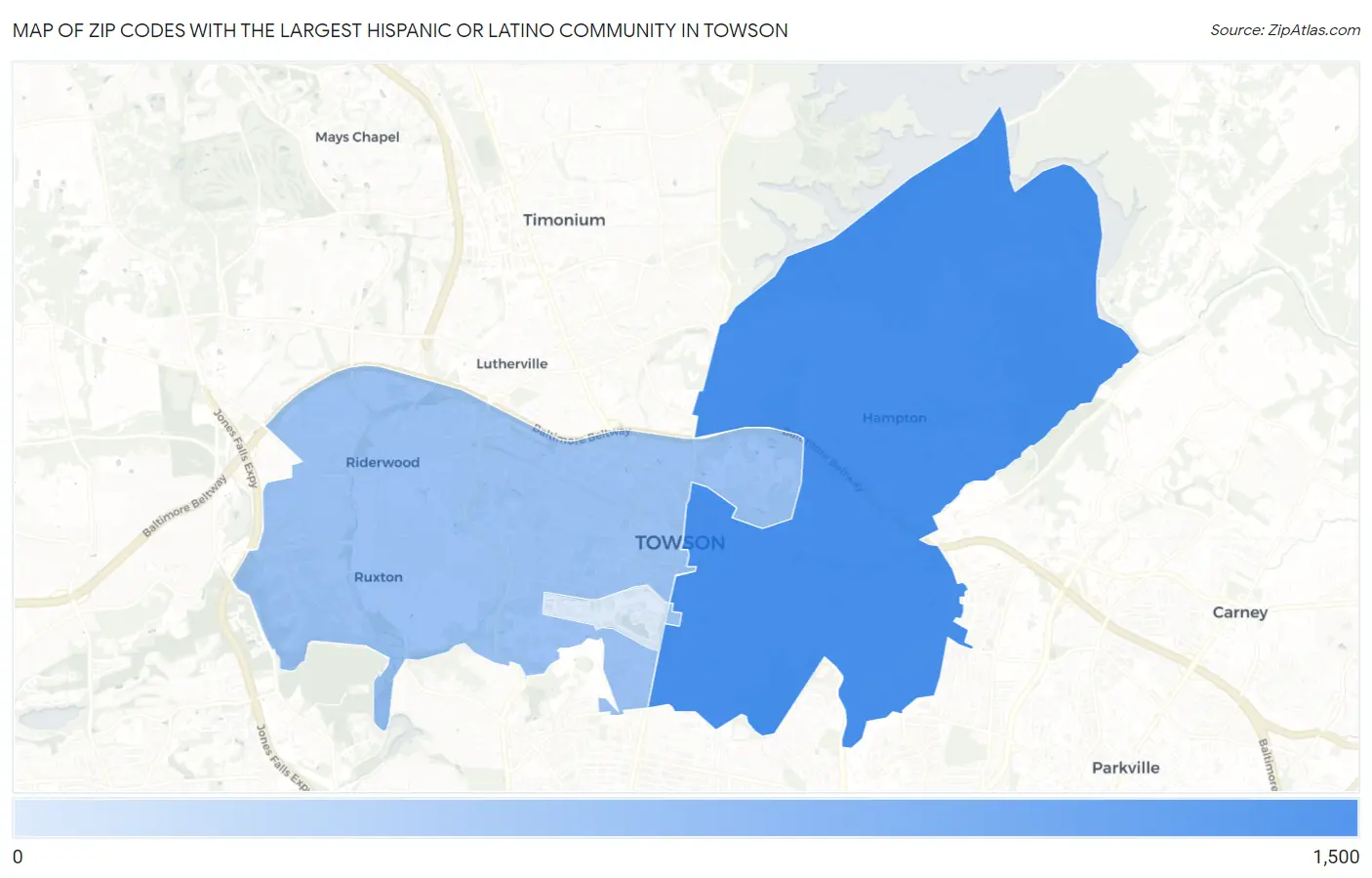 Zip Codes with the Largest Hispanic or Latino Community in Towson Map